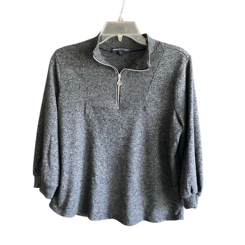 Adrienne Vittadini 3/4 Sleeve Gray Sweater with 1/4 Zip. Size Large. - Picture 2 of 8
